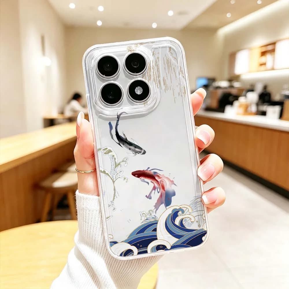 Cartoon Koi Fish Wave Phone Case For Xiaomi Mi 17 Pro Max 15 15T 14 14T 13 12 12S 11 Pro Ultra Lite Transparent Cover