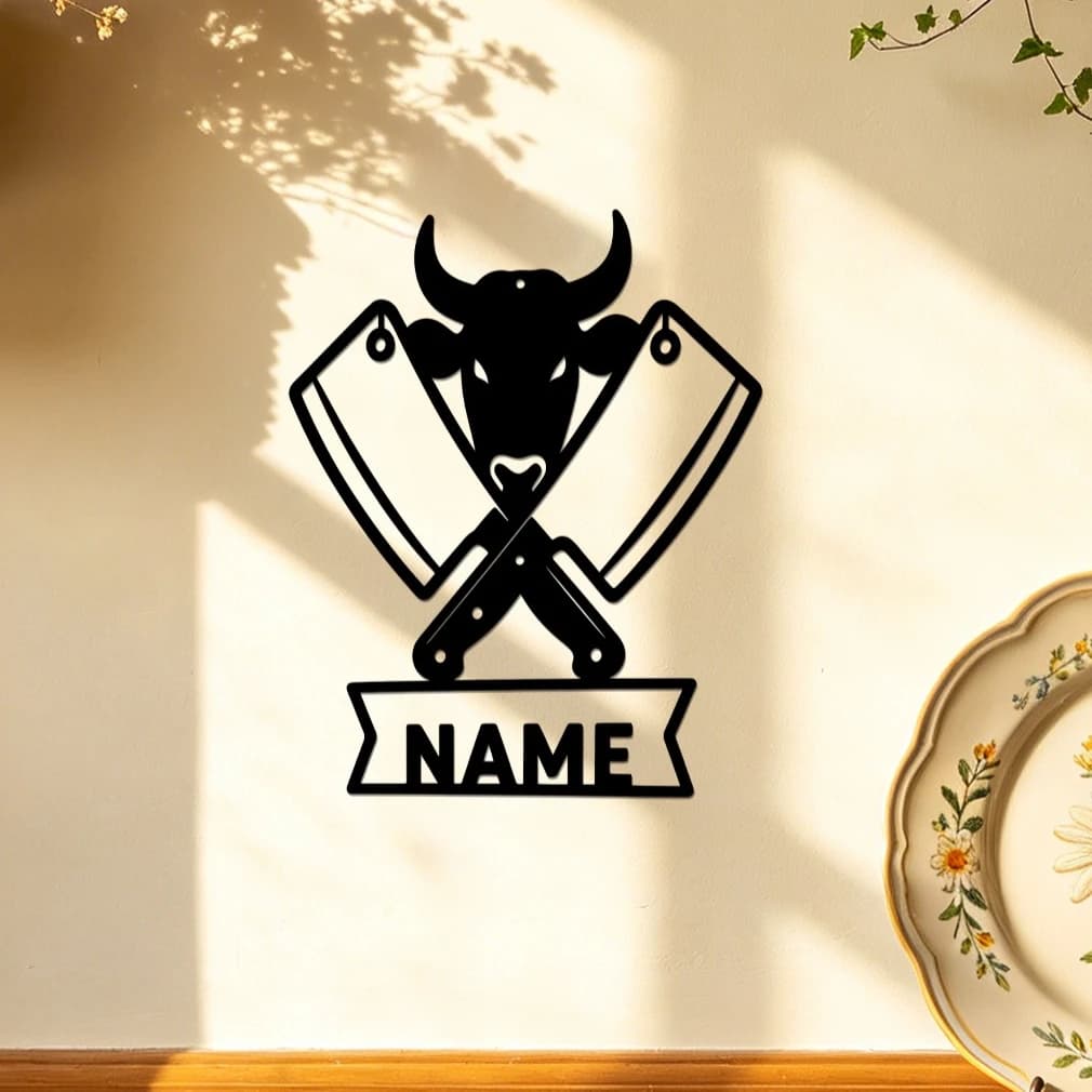 Bull Head Butcher Metal Wall Art Custom Name, Personalized Meat Shop Sign, Butcher Shop Laser Cut Decor,  Kitchen Wall Art
