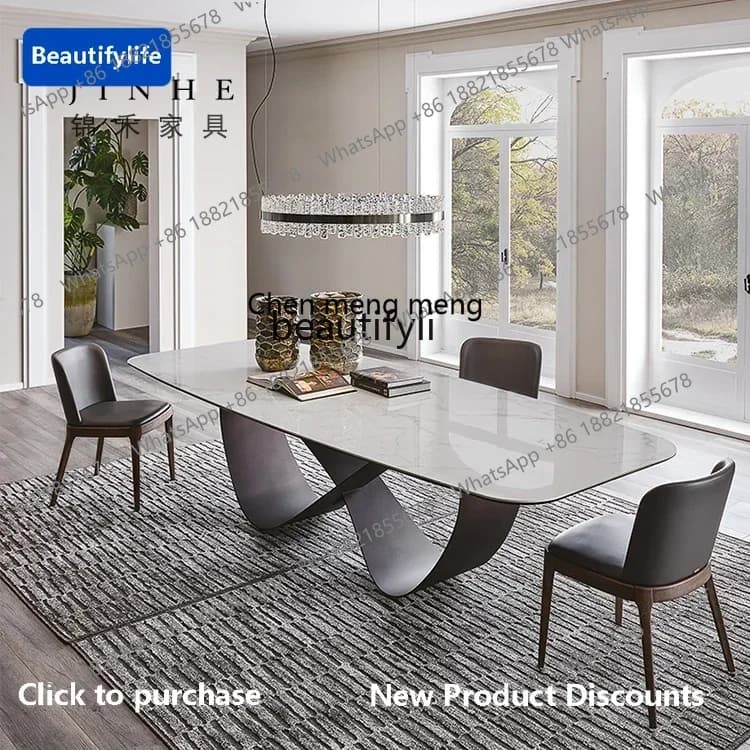 178cqy Italian light luxury rock slab dining table villa living room modern minimalist rectangular tempered glass dining table