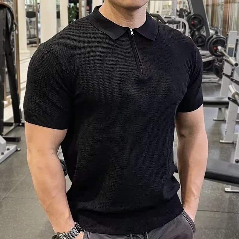 Summer New Fashion Men's Solid Color Turn-down Collar Short Sleeve Casual Trendy Loose Zipper Pullover T-shirts Male Clothes
