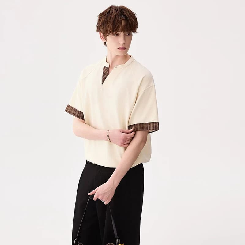 Men Retro Plaid Patchwork Contrast Short Sleeve T Shirt Loose Split Collar Half Sleeve Tee Niche Streetwear Casual Summer Top