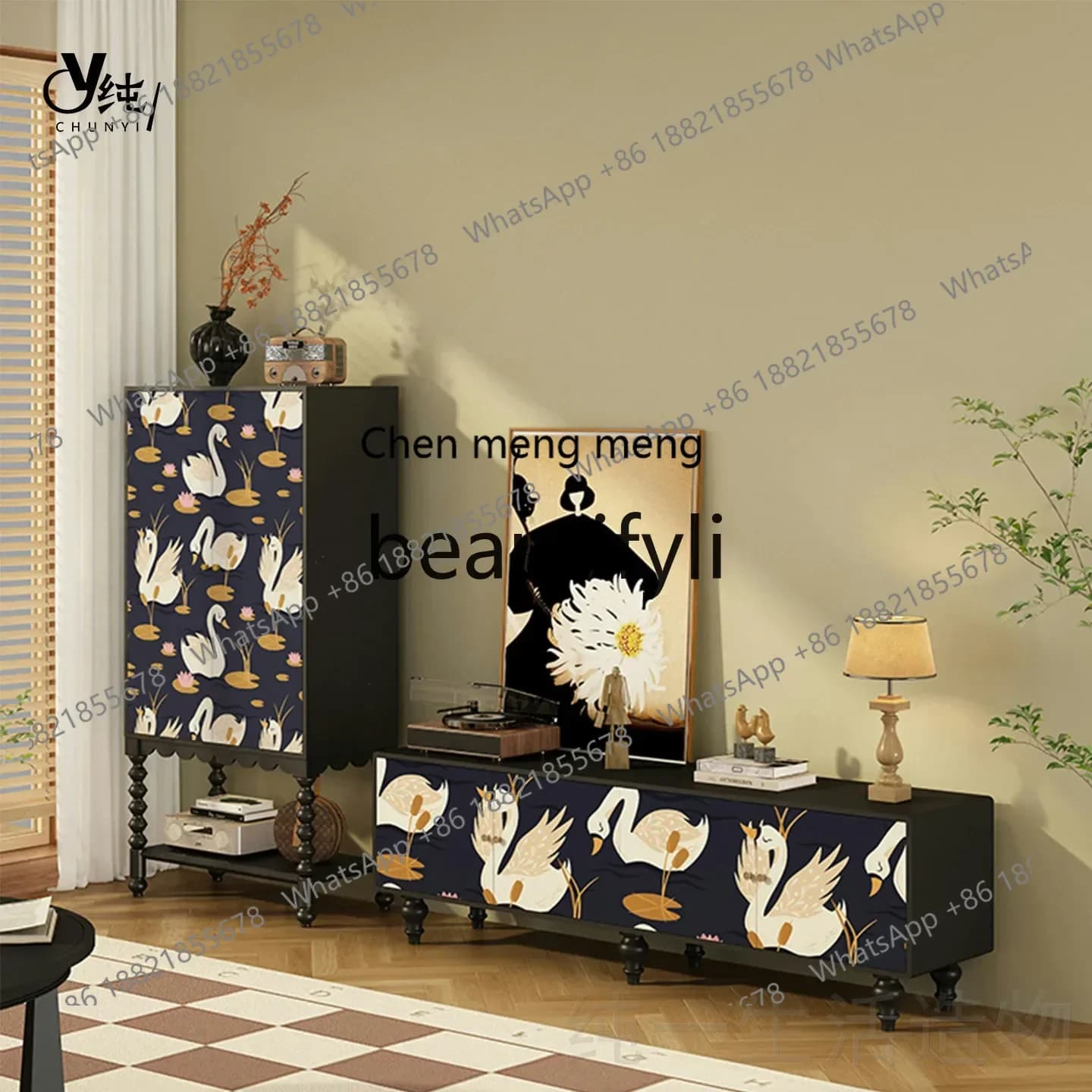 A32 French Cream Style Decorative Solid Wood High Cabinet TV Cabinet Combination Living Room Storage Cabinet