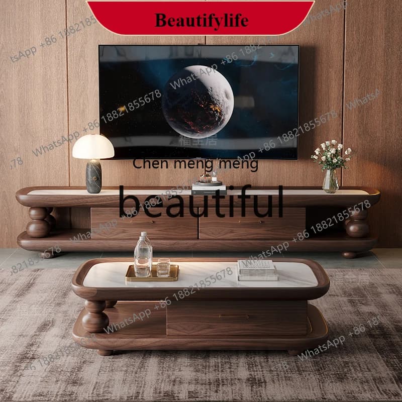 G153 New Chinese ebony slate solid wood coffee table TV cabinet combination living room floor cabinet black walnut color