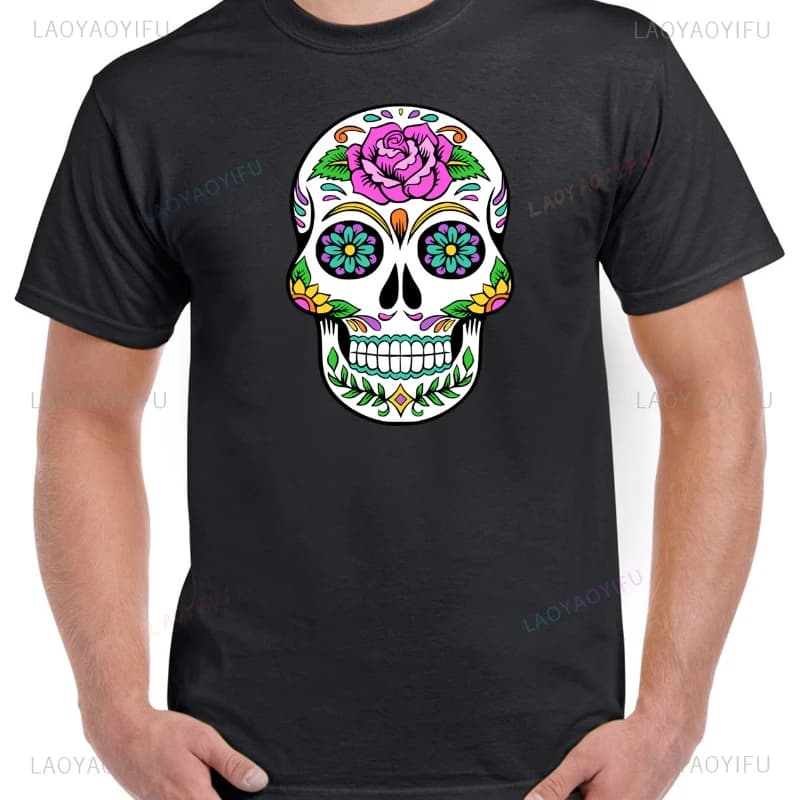 Sugar Skull Day of The Dead Dia De Muertos Mens Cotton Shirt Pure Cotton  Horror Style O-neck Short-sleev Funny Christmas Gift