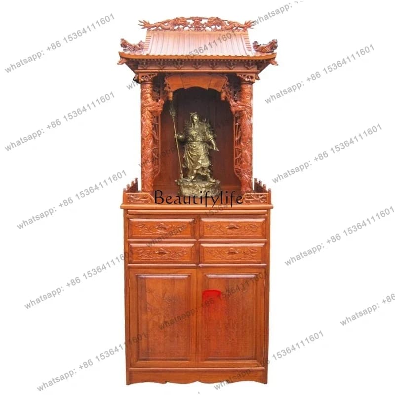 PJ  Dragon Pillar Roof Buddhist Shrine Vertical Cabinet, Camphor Wood Household Shrine