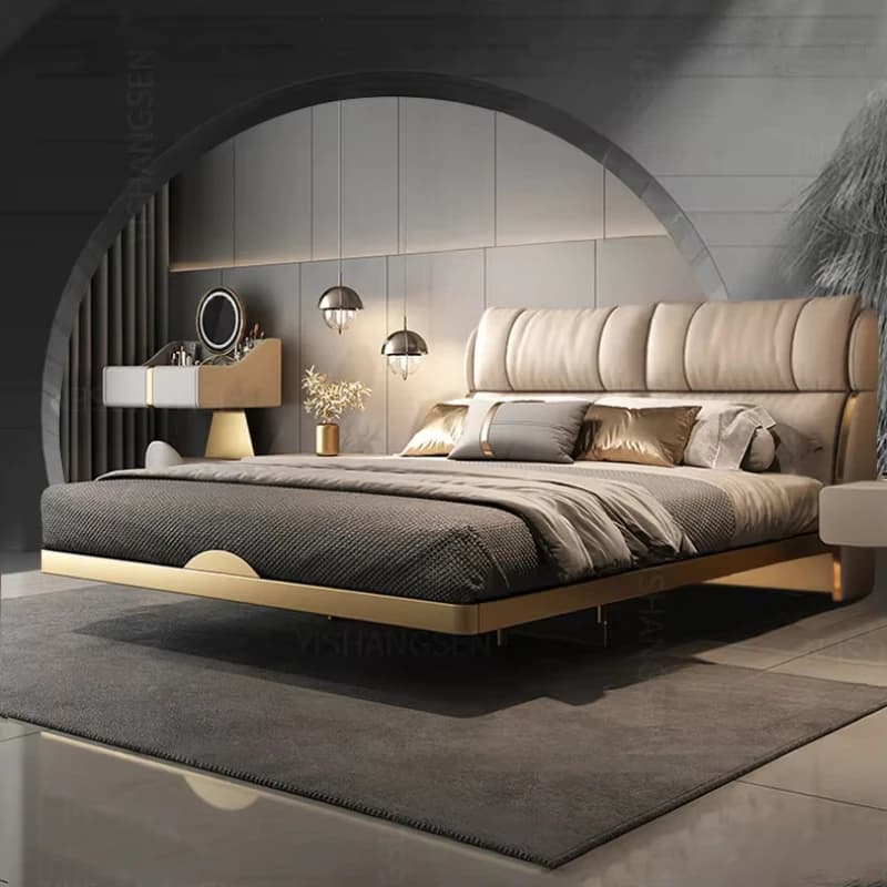 Latest Design Bedroom Furniture King Bed Leather Headboard Tufted Fabric Italian Luxury Modern Double Bed