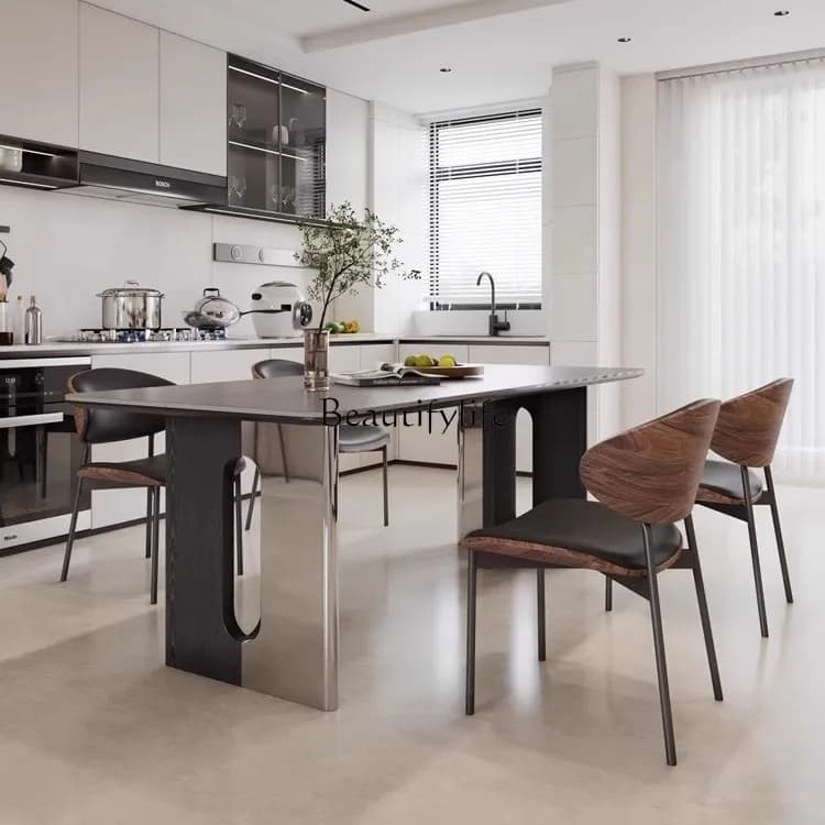 Italian minimalist rock slab dining table new dining table retro style stainless steel black
