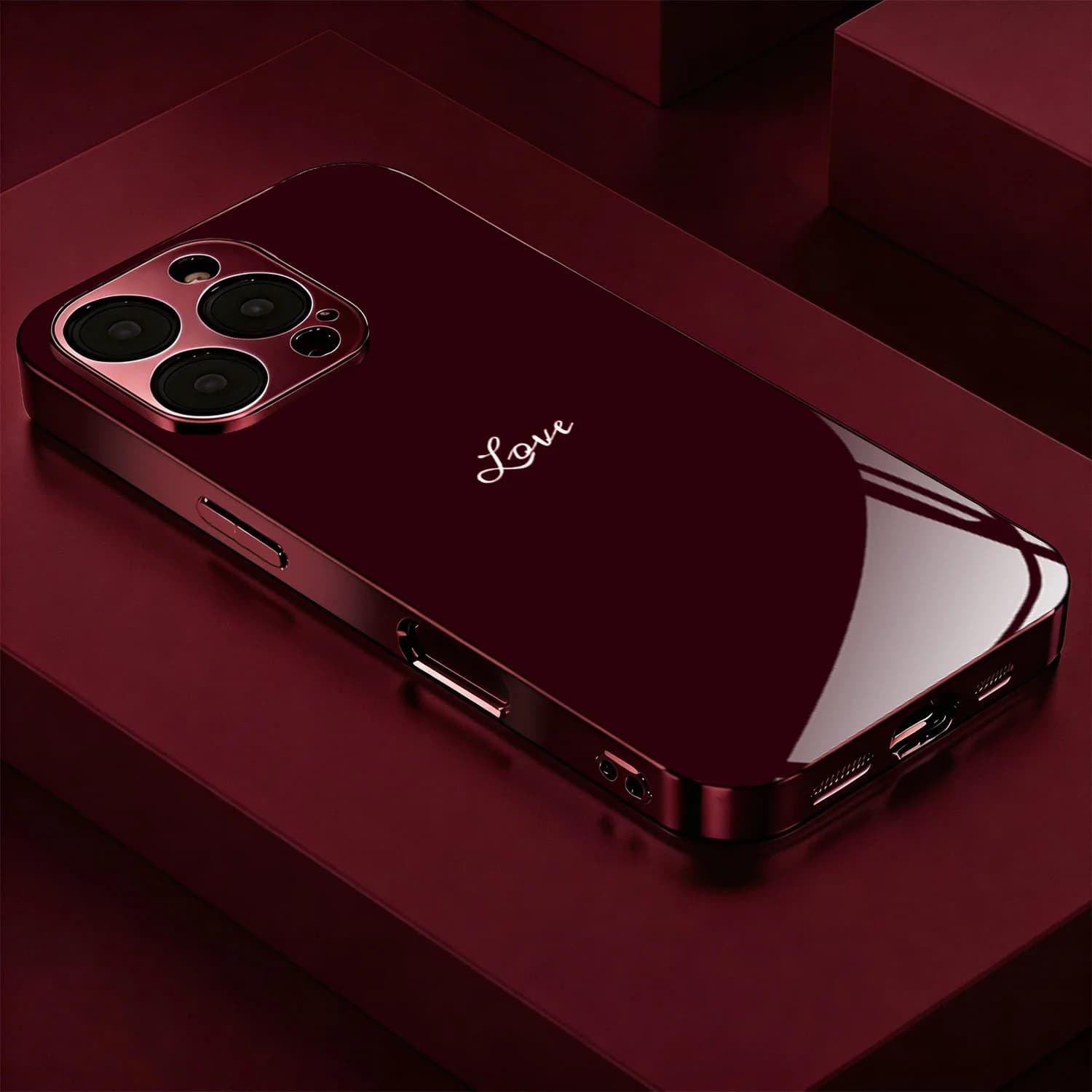 Love Pattern Electroplated Wine Red  Phone Case Glass Protective Cover, Suitable for iPhone 18,17, 16, 15, 14, 13, 12, 11, etc