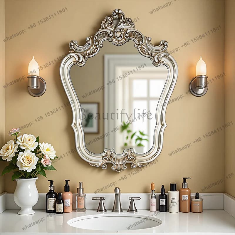 D33 French retro bathroom vanity mirror wall decoration light luxury carved vanity mirror