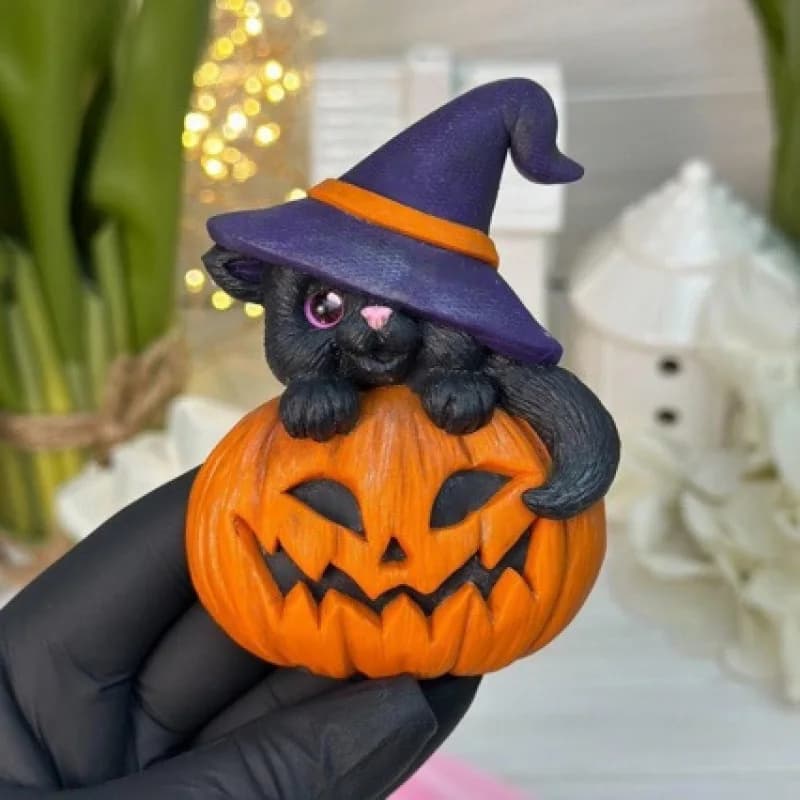 Halloween Pumpkin Ornaments Black Cat Pumpkin Handicrafts Home Decor Pumpkin Witch Hat Resin Ornament Halloween Party Decoration