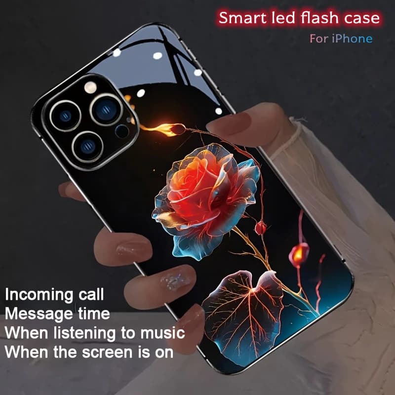 Fire Rose Light Flash Phone Case Glowing For iPhone 17 Pro Max 16 15 14 13 12 11 Pro 17Air 8 Plus Tempered Glass LED Back Fundas
