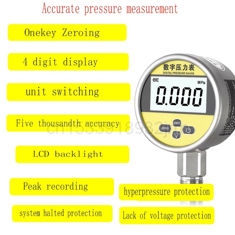 Stainless Steel Intelligent Digital Display Pressure Gauge Precise Oil Water Pressure Measurement Battery Supply Electricity