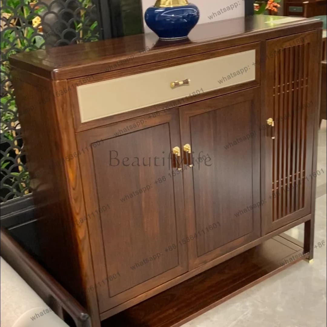 New Chinese black gold wood solid wood modern entrance storage cabinet integrated storage shoe cabinet