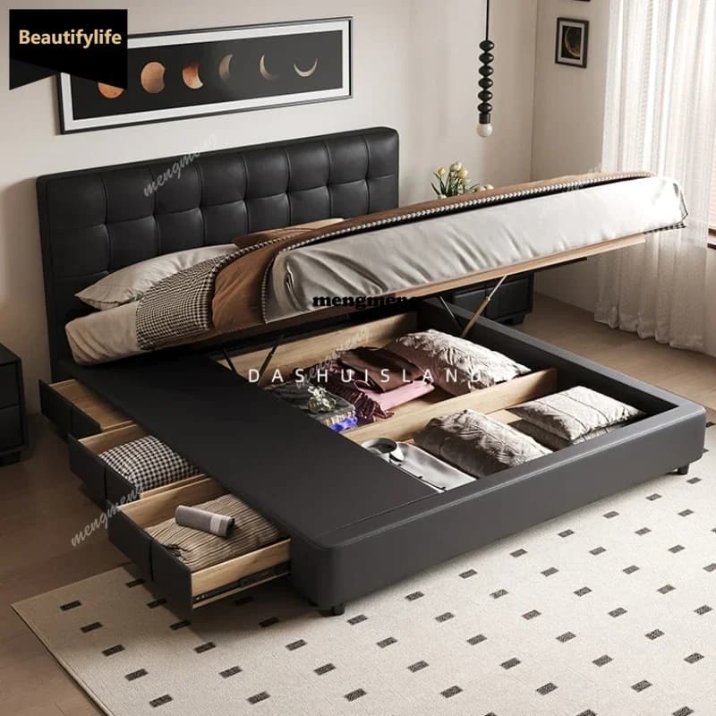 French Retro Storage Waffle Bed Master Bedroom Leather Bed Italian Light Luxury Black Medieval Bed Cama Furniture Home D80