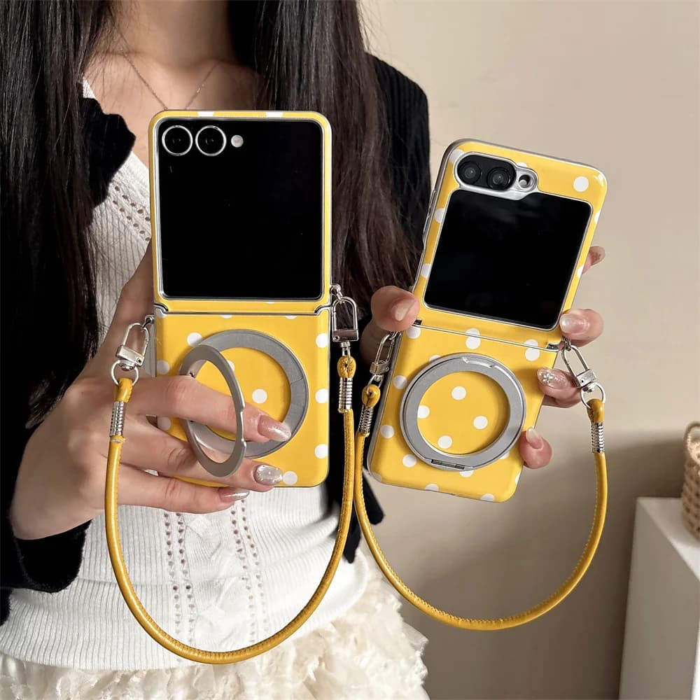 Cute Yellow Polka Dot Magnetic Ring Stand Phone case For Samsung Galaxy Z Flip 8 5 6 7 6 5 4 3 Z Flip8 Shockproof Cover Strap