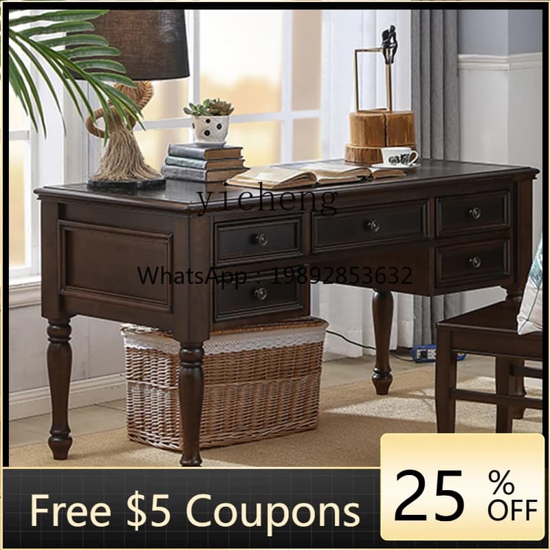 YY  Solid Wood Desk Black Walnut Color Mahogany Dining Table with Drawer