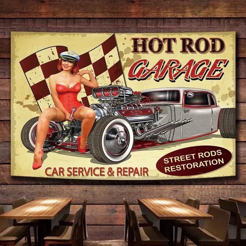Vintage Car SERVICE & REPAIR Poster Tapestry HOT ROD GARAGE Flag Wall Painting Gas Station Auto Repair Shop Wall Decor Banner