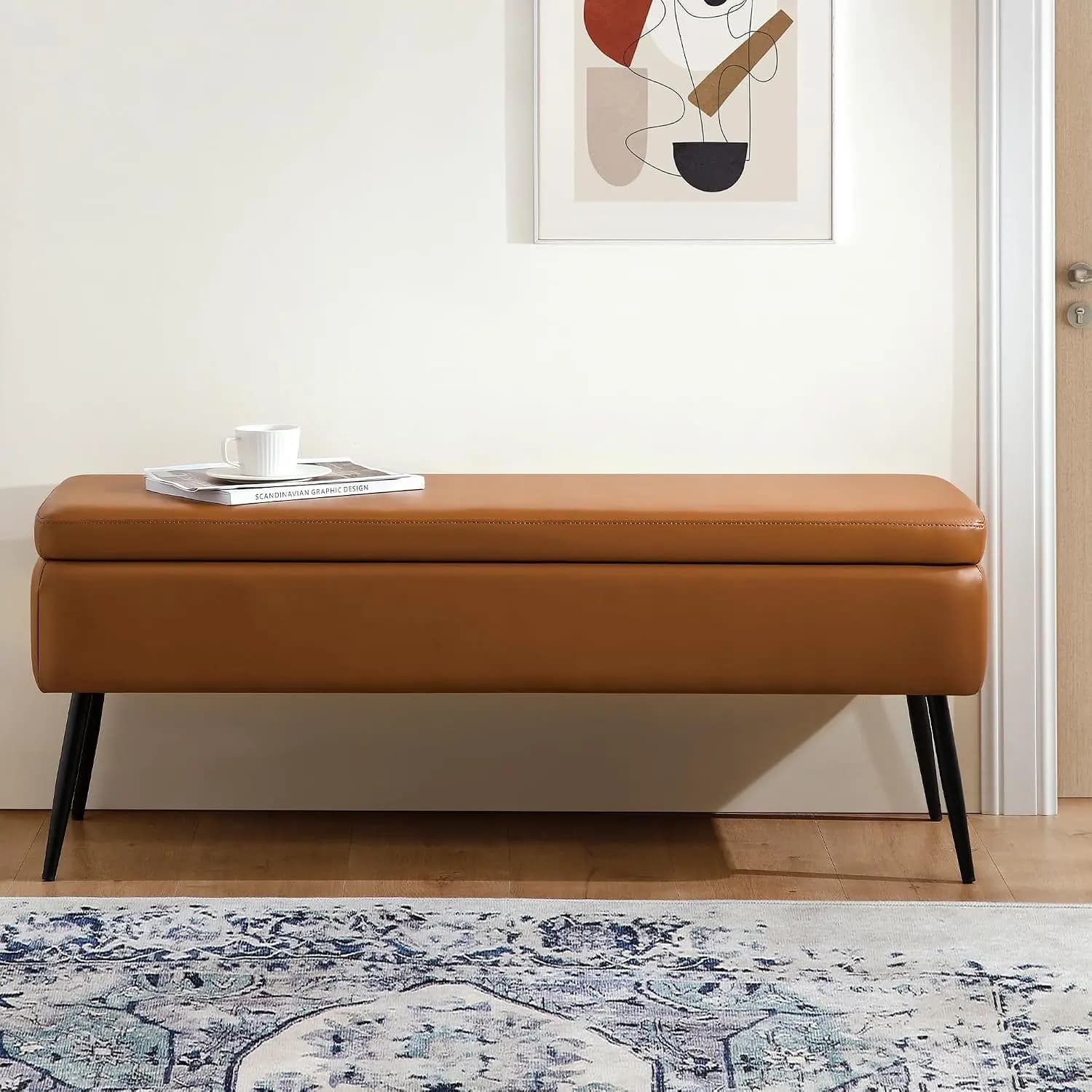 Leather Storage Ottoman Bench, End of Bed Bench with Steel Legs