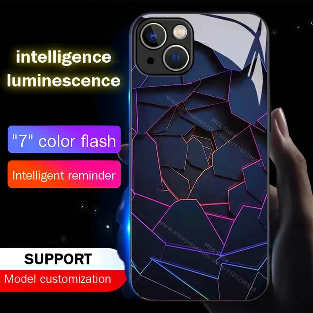Colorful Diamond Grid Sound Control LED Flash Case Luminous Glass Cover For iPhone Air 17 16 E 15 14 13 12 11 Pro Max Plus