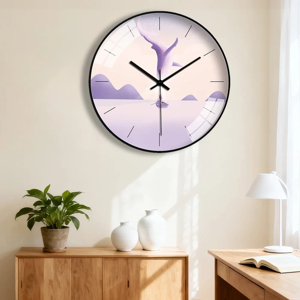 Landscape Wall Clock Pastel Purple Whale Minimalist Art Design Wall Watch Dreamy Decor For Bedroom Living Room 8/10/12 Inch