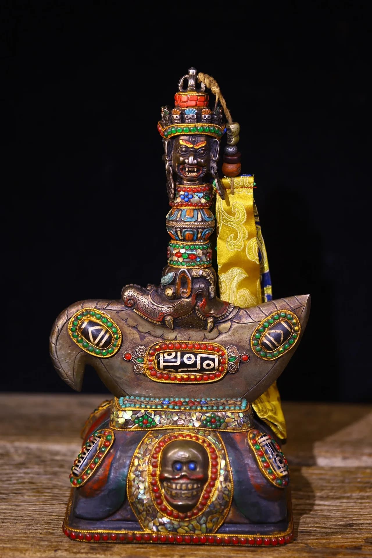 12"Tibetan Temple Collection Old Tiantie Painted Mosaic Gem gZi Beads Mahakala Skull Vajra Phurpa Amulet Worship Hall Town hous