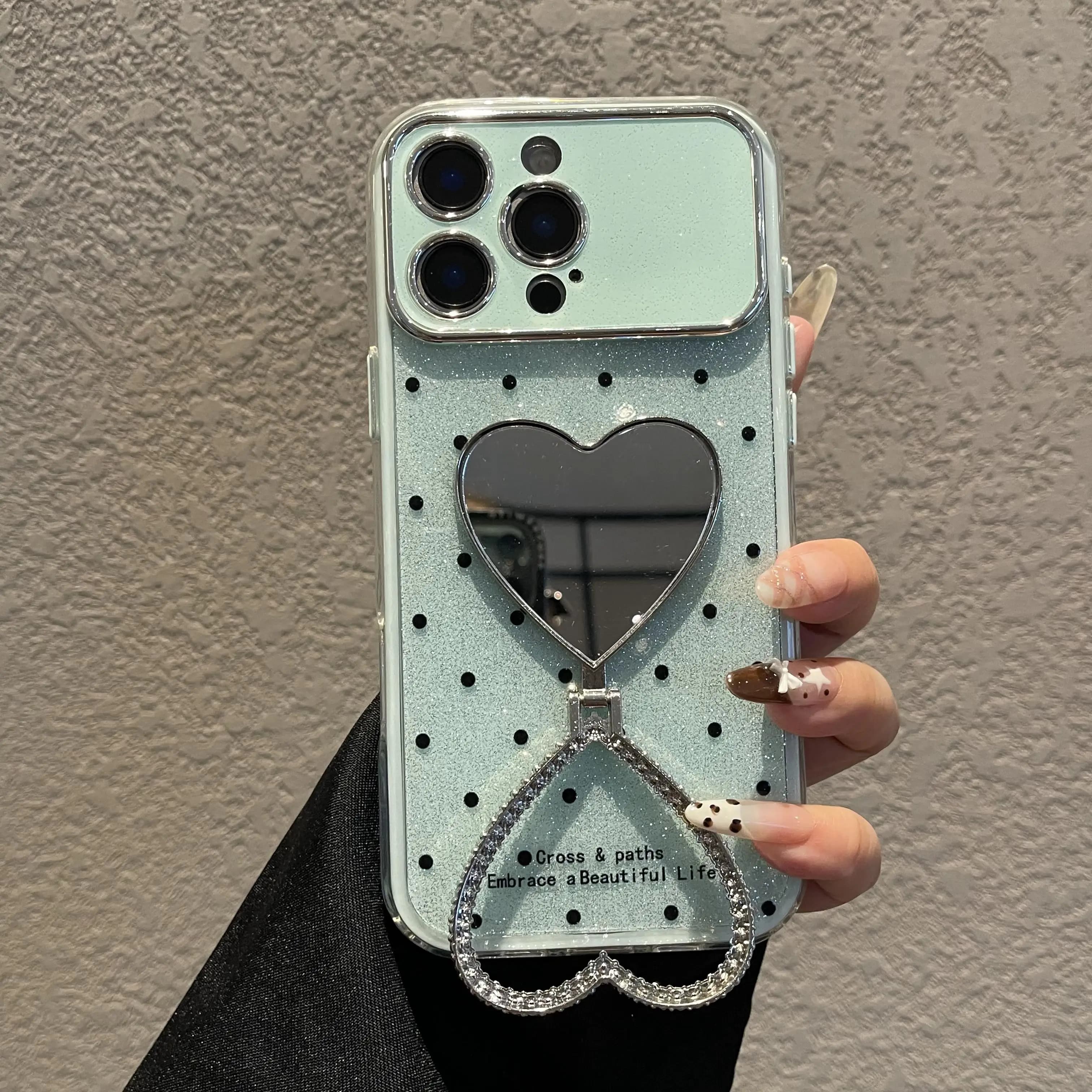 17 Pro Max Y2K Glossy Heart Glitter Diamond Mirror Phone Case for iPhone 16 15 14 13 Candy Polka Dot Ring Holder Stand Cover