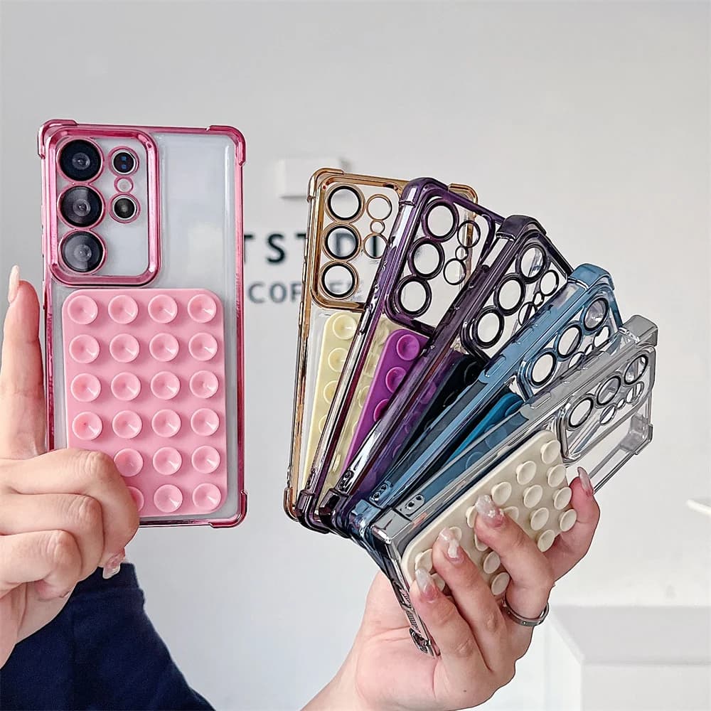Luxury Silicone Suction Cup Plating Phone Case for S26 Ultra Protect Selfie Grip Fidget Cover for SamSung Galaxy S25 S24 A57 A56
