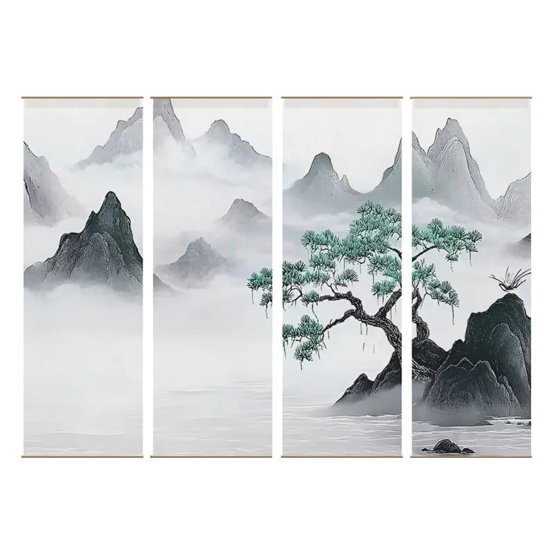 Karesansui Hanging Room Divider Ink Wash Mountain Gauze Curtain Japanese Rock Garden Privacy Screen for Zen Tea Room Yoga Studio