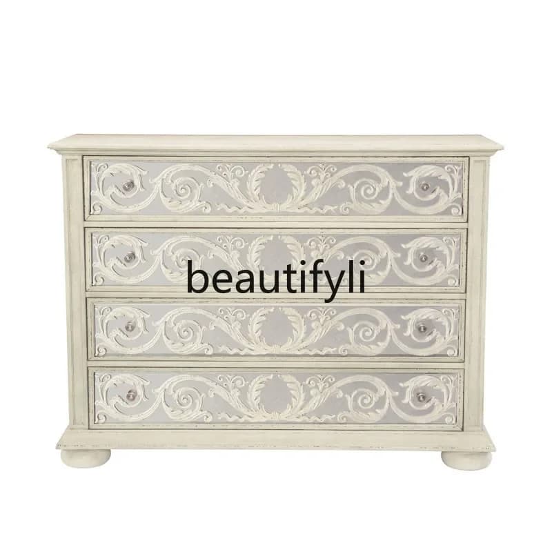 Bedroom living room entrance chest light luxury wood carving flower mirror drawer storage cabinet