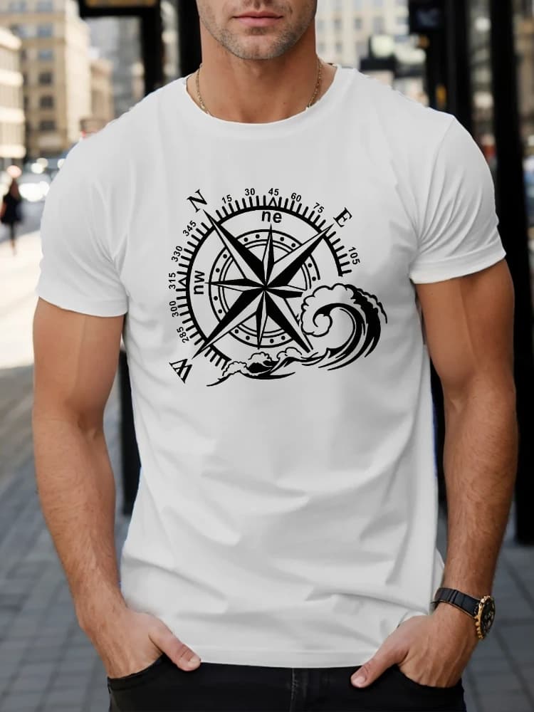Men's compass graphic T-shirt casual short-sleeved printed T-shirt, breathable 100% cotton summer fashion top.