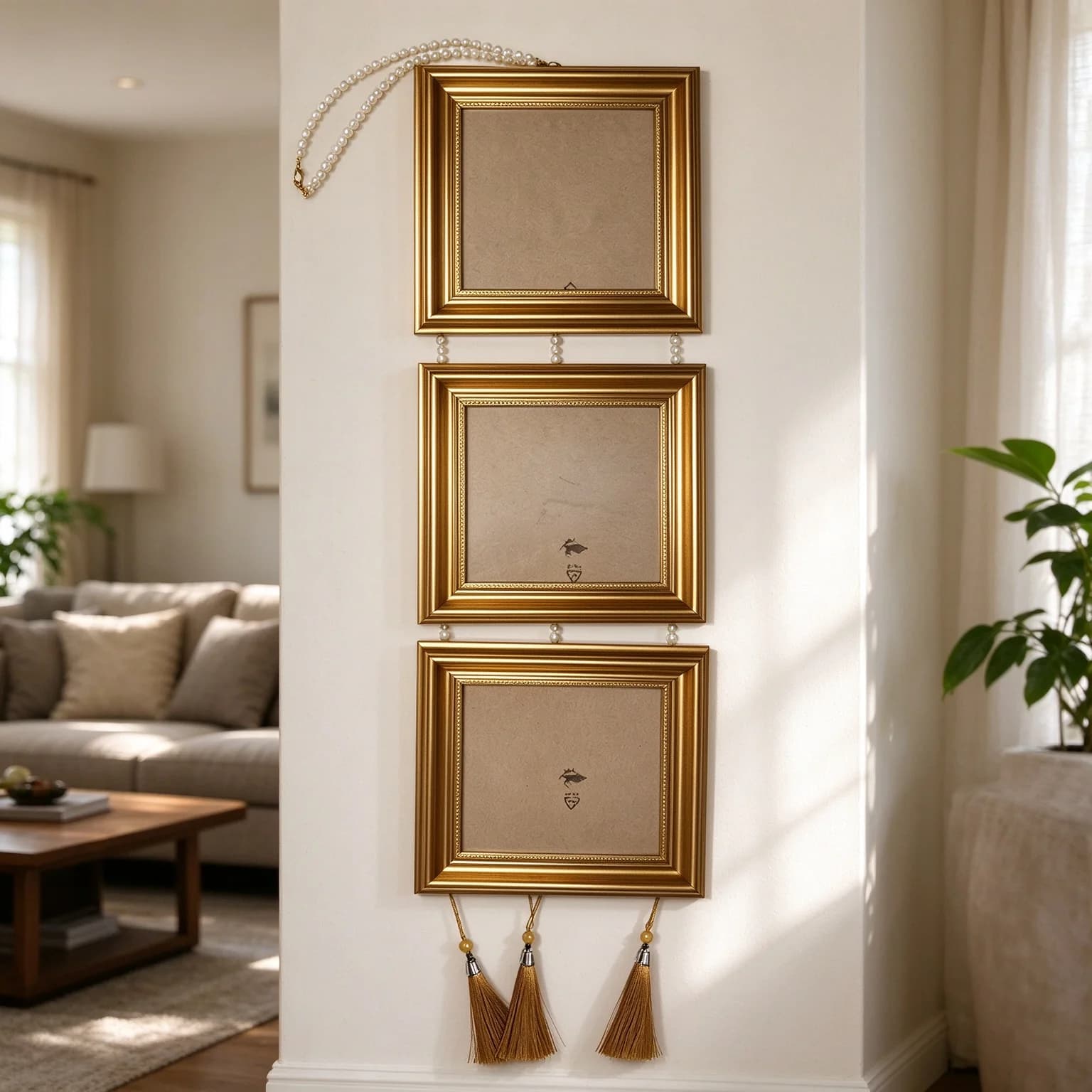 3 Panel Wall Hanging Photo Frame Set with Pearl Beaded Chain & Brown Tassels Retro Gold Color Triple Picture Frame Wall Decor
