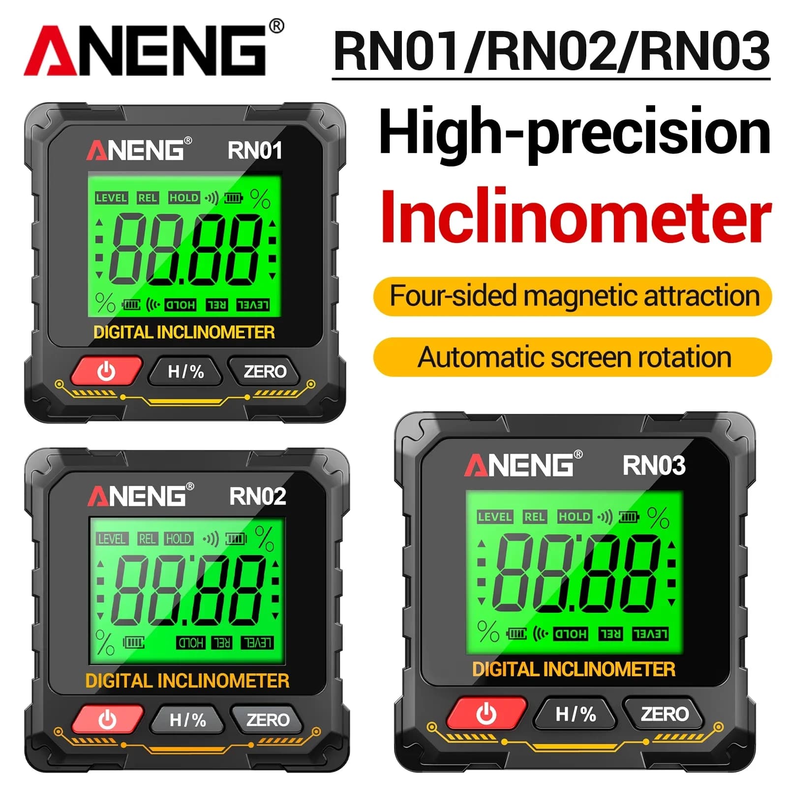 ANENG RN01/RN02/RN03 Inclinometer High-precision 0.05 °Four Sided Magnetic Suction Angle Automatic Flipping Measuring Instrument