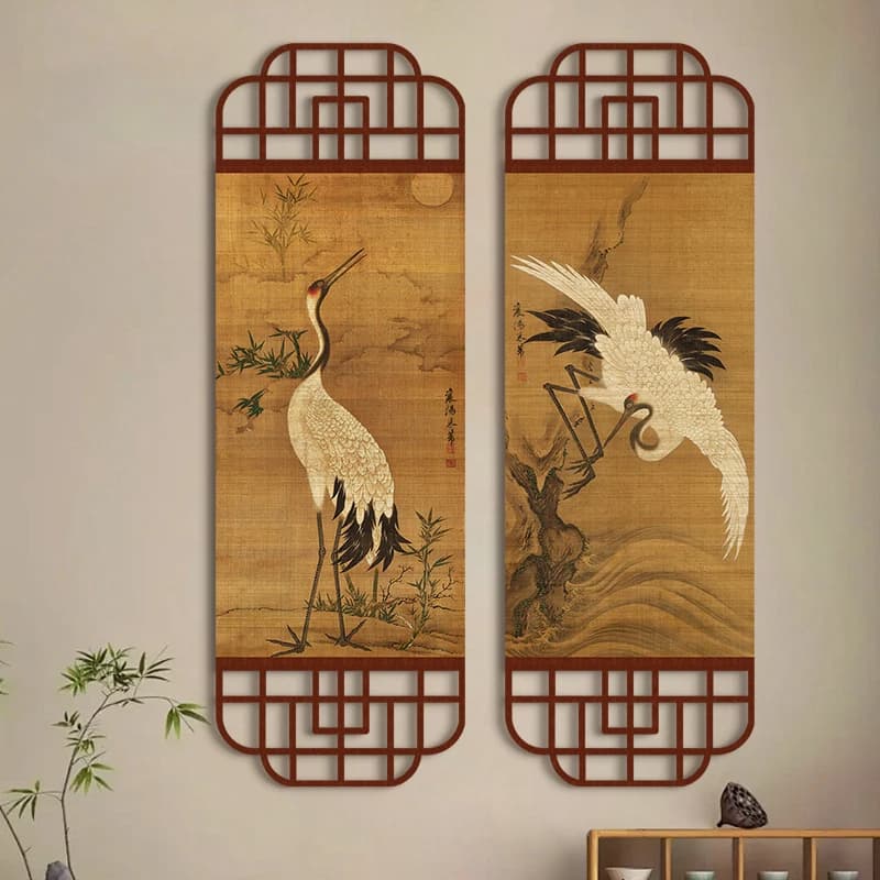 Zen Home Wall Decor Japanese Pine Crane Scroll Art Bamboo Blind Hanging Tapestry Living Room Tea Room Entryway Wall Decoration