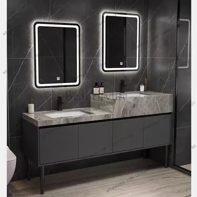 Simple modern rock slab high and low double basin bathroom cabinet commercial toilet washstand washbasin