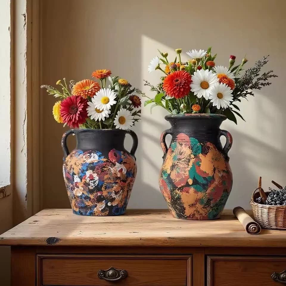 Retro Oil Painting Hand-painted Flower Pot Ceramic Vase Coarse Pottery Retro Flowerpot Flower Arrangement Home Decoration