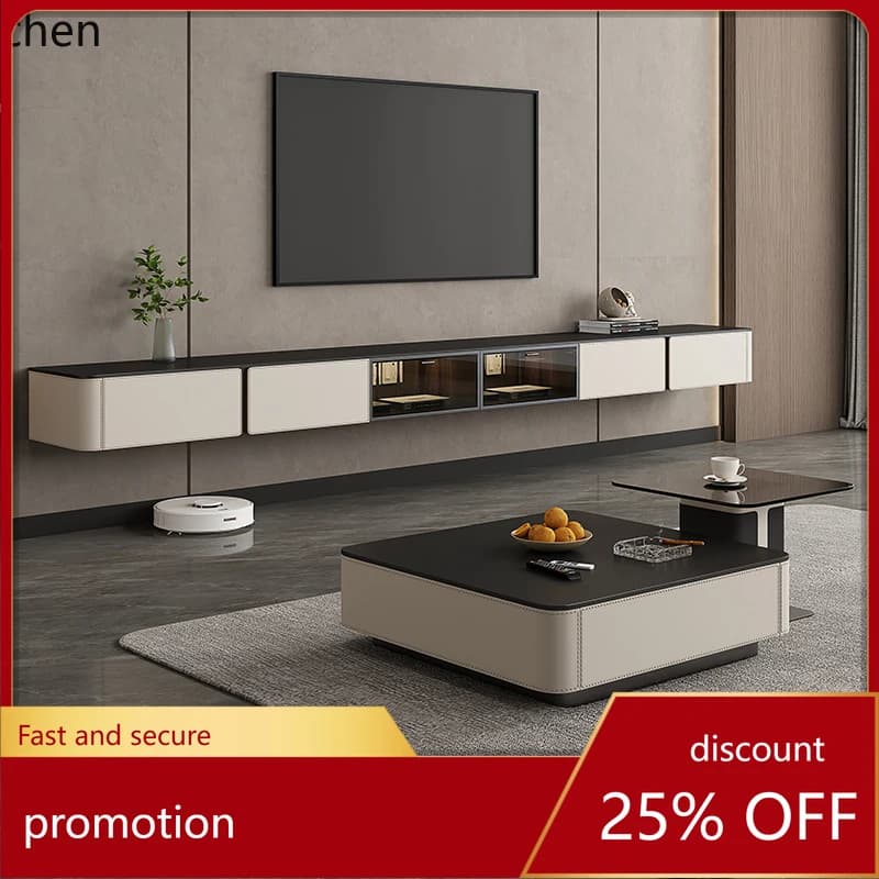 HT Italian minimalist black rock slab suspended TV cabinet modern living room wall hanging solid wood wall cabinet