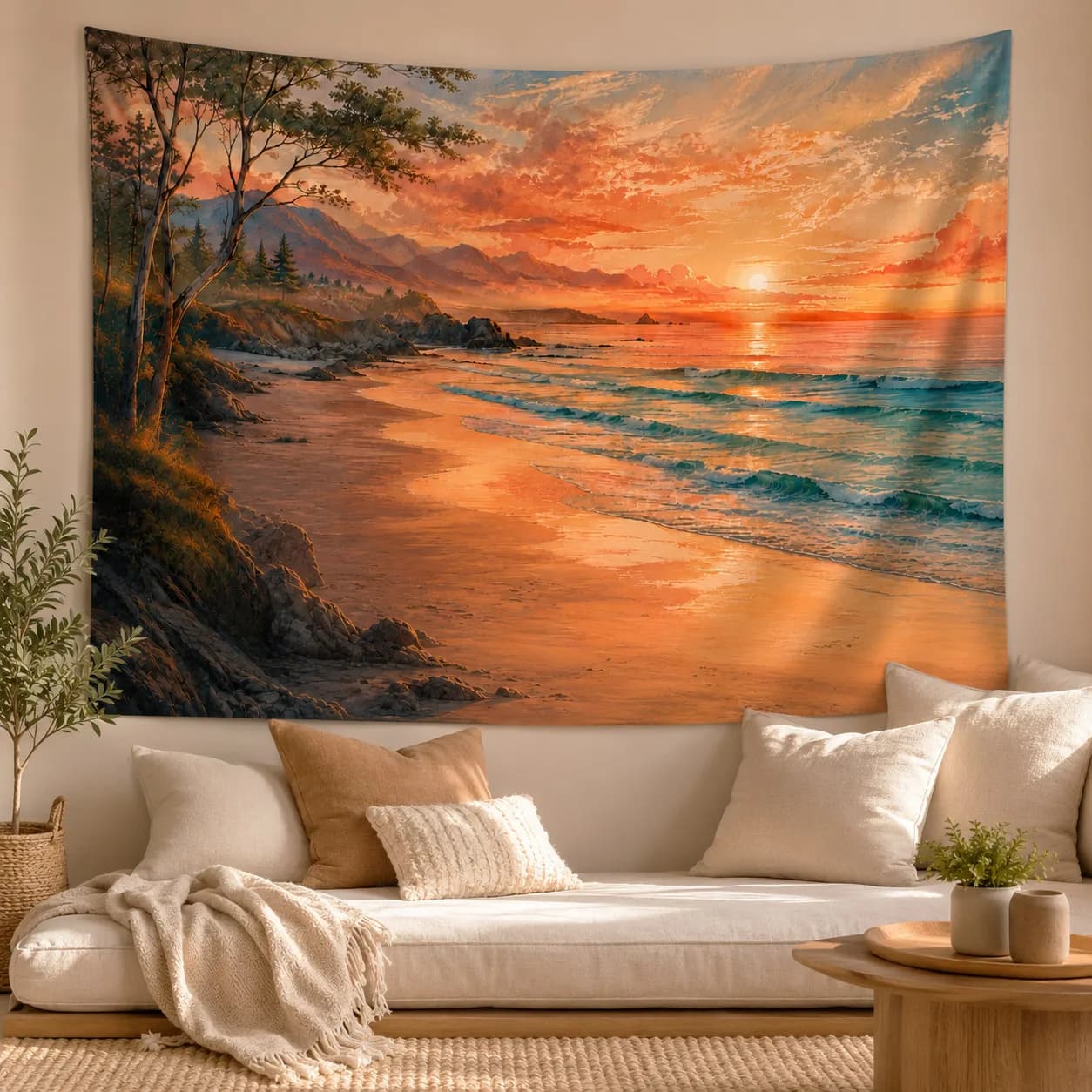 Sunset Beach Tapestry Ocean Wave Mountain Coastal Landscape Wall Hanging Nature Wall Decor for Bedroom Living Room Dorm Home