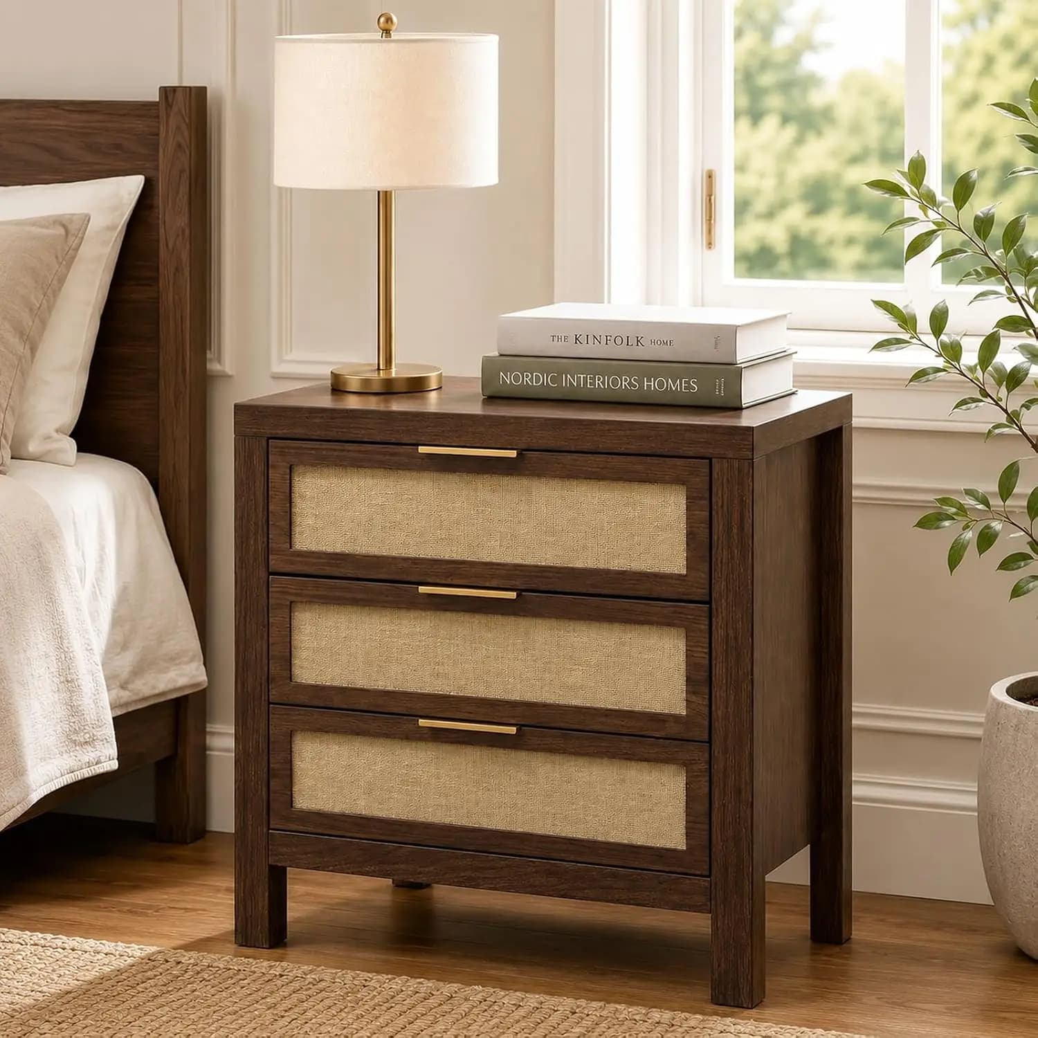 27.5" Tall Large Nightstand with 3 Drawers, 40mm Thick Walnut Wood Bedside Table, Linen Textured Boho Mid-Century, Customized