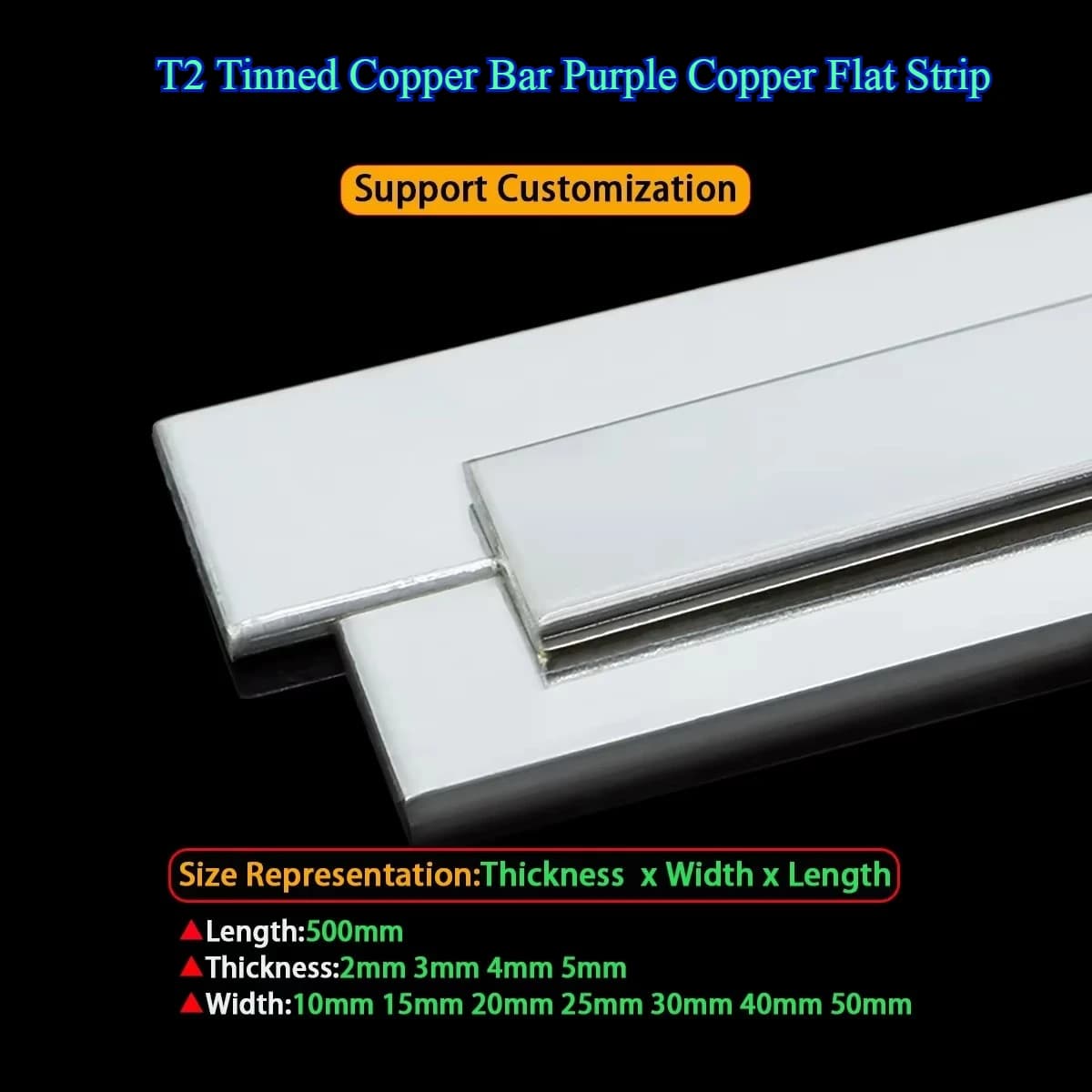 1Pcs T2 Tinned Copper Bar Purple Copper Flat Strip Conductive Grounding Plate Busbar Thick2mm 3mm 4mm 5mm L500mm Width10-50mm