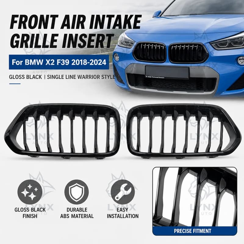 For BMW X2 F39 2018-2024 Modified Single Line Gloss Black Black Warrior Single Bar Front Air Intake Grille Insert