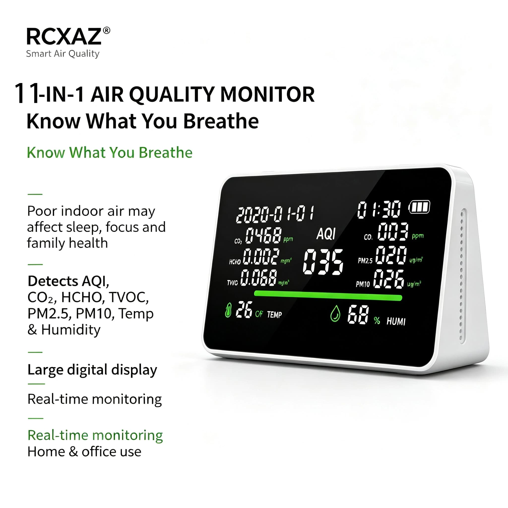 RCXAZ 11-in-1 Air Quality Monitor Indoor Home Office CO2 PM2.5 PM10 Formaldehyde TVOC Temperature Humidity Tester