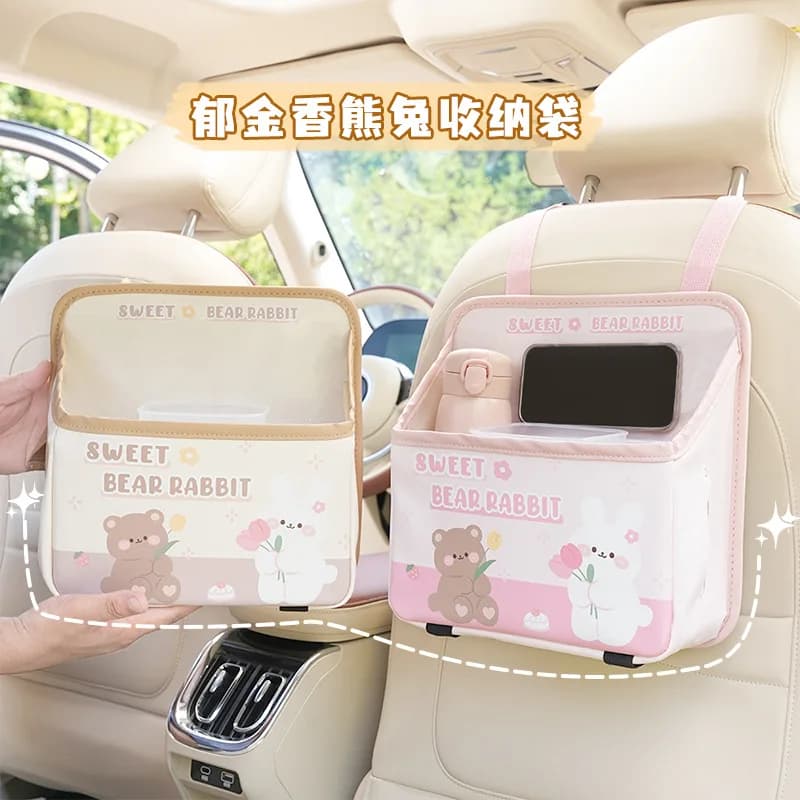 Cute Bear and Bunny Car Seat Back Storage Bag Multifunctional Car Storage Bag Large Capacity Car Home Tissue Box Storage Bag