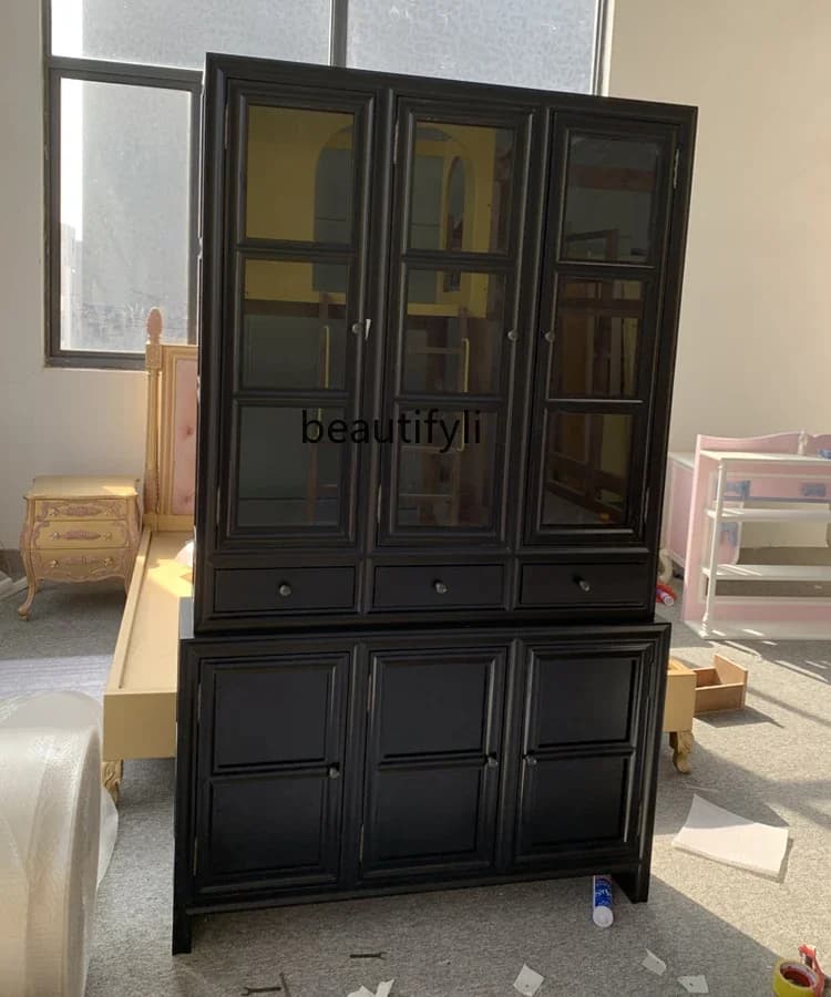Black Storage Cabinet New Classical Multifunctional Solid Wood Bookcase Living Room Storage Cabinet Customization