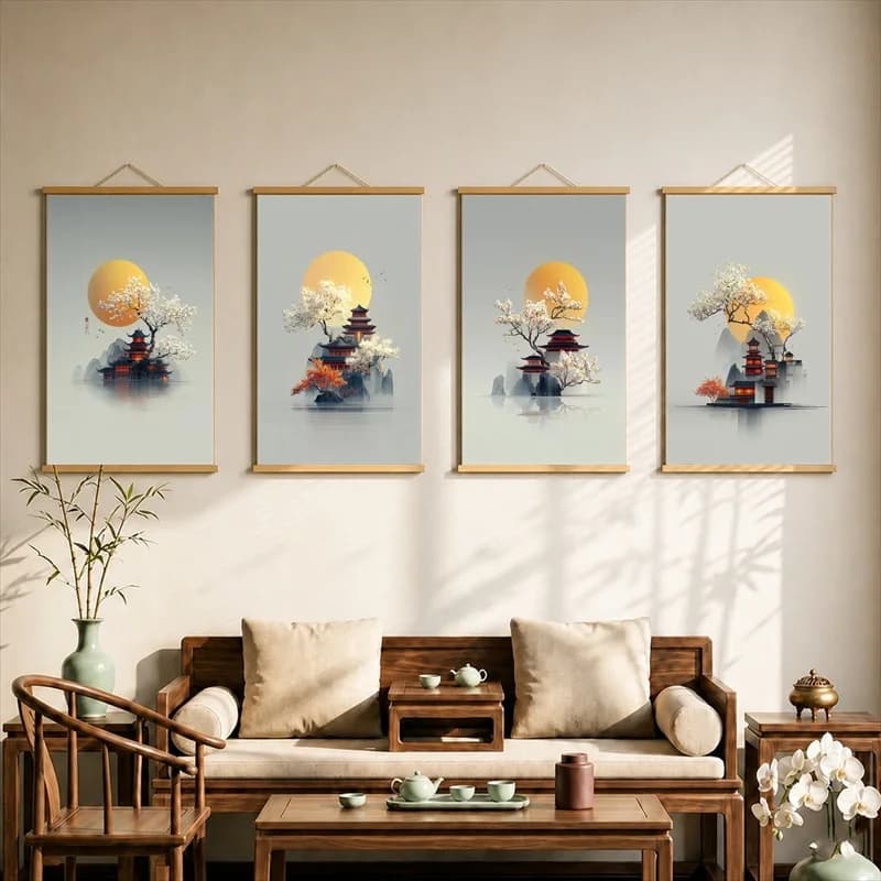 Wall Decorations Chinese Folk Floral Pattern, Traditional Oriental Pearlescent Canvas Hanging Scroll Decor for Cultural Gallery
