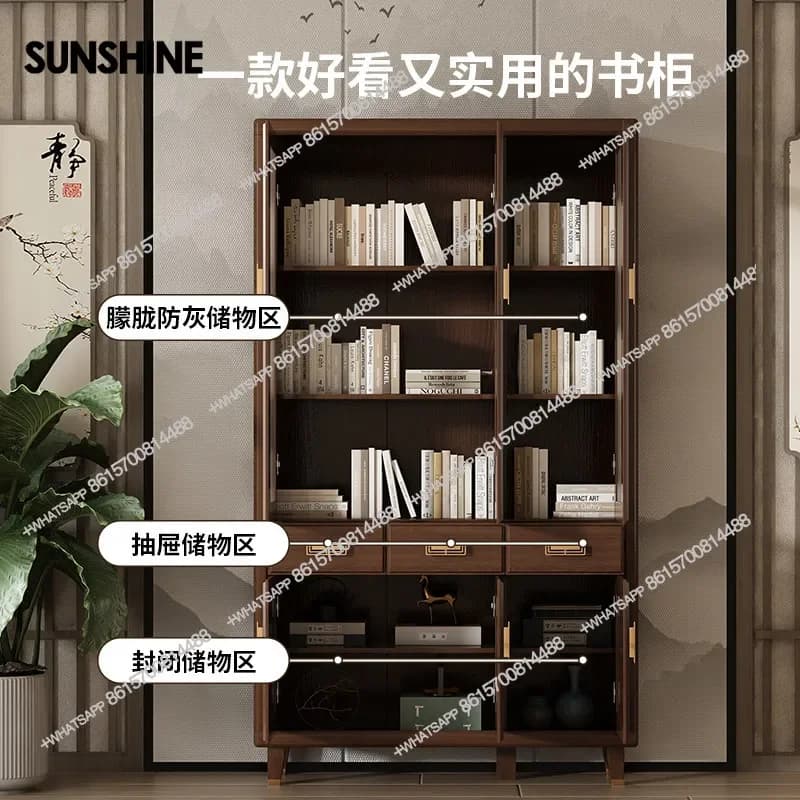 All solid wood new Chinese style with glass door household integrated whole wall office background cabinet bookcase