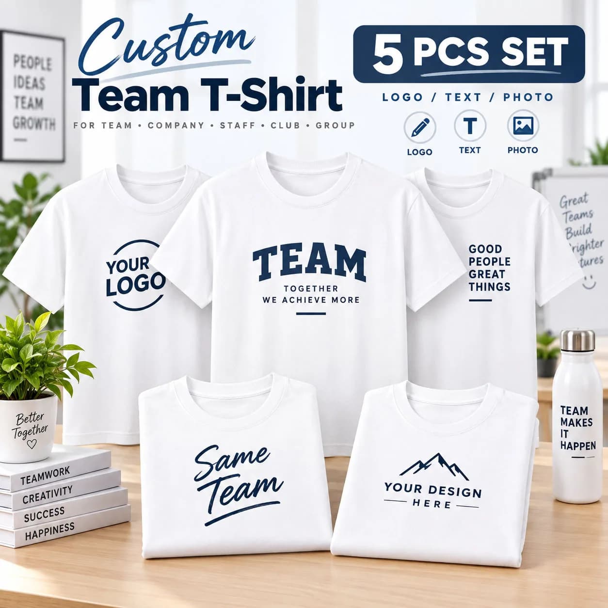 5PCS Personalized Custom T Shirt Logo Name Photo Text Cotton Tee Unisex Top for Business Team Club Christmas Party Holiday Gift