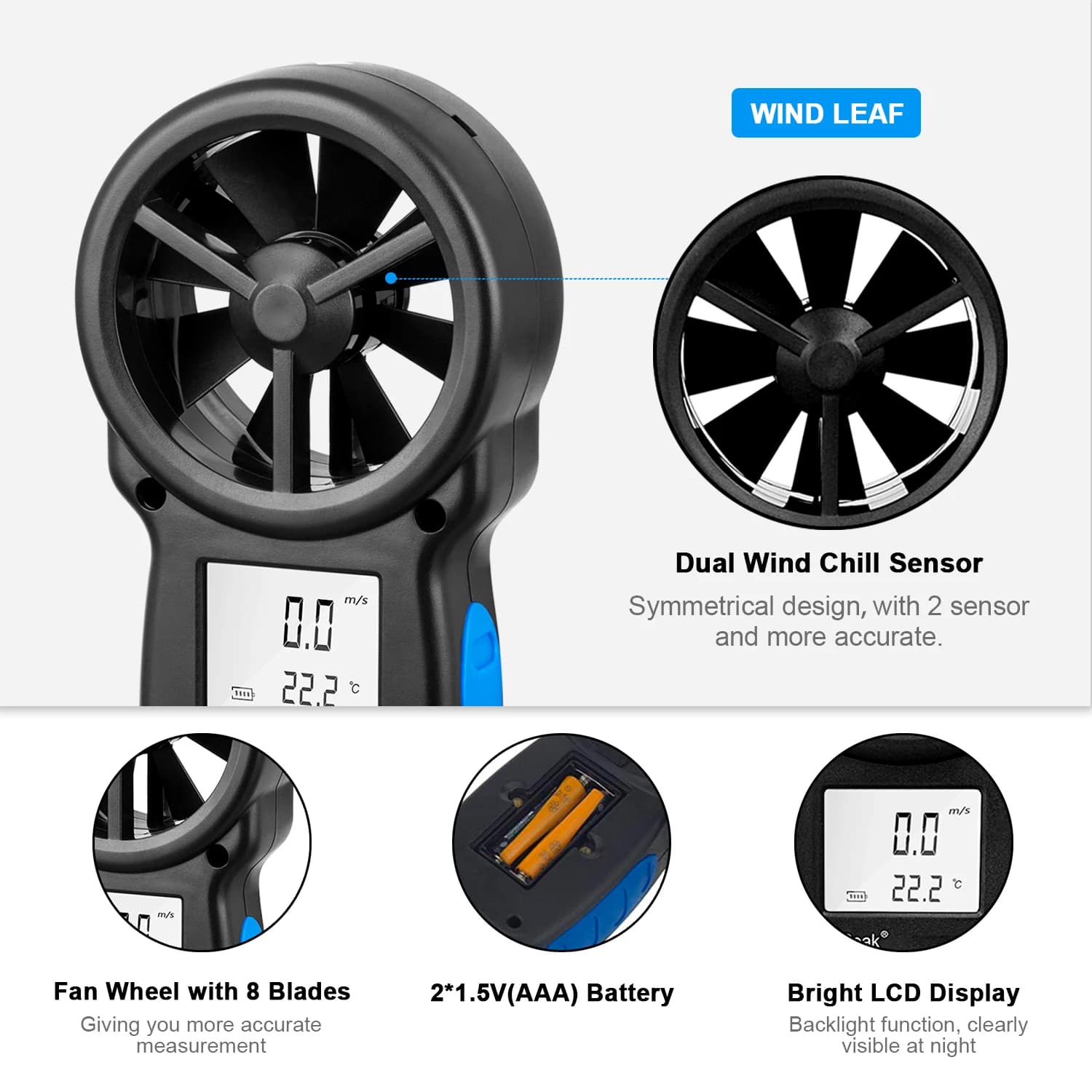 6-in-1 Handheld Digital Anemometer Wind Speed Meter Gauge Measures Wind Speed Temp Humidity Dew Point Barometer Altimeter