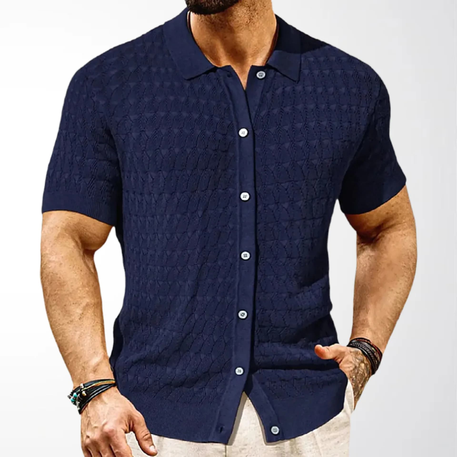 New Men's Dark Pattern Jacquard Short-sleeved Knitted Sweater Men's Summer Thin Casual Cardigan