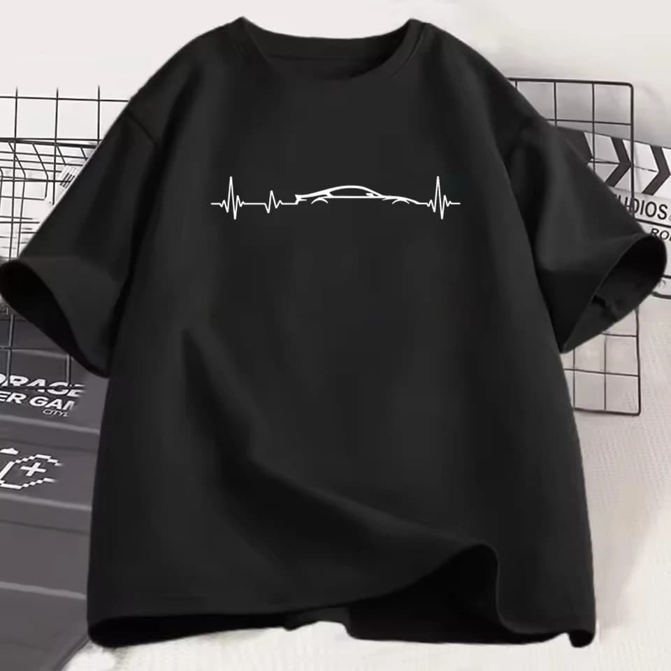 Car ECG Heartbeat Line Print Men Women T Shirt Casual Plus Size Short Sleeve Tee Sports Racing Car Driver Graphic Unisex Fun Top