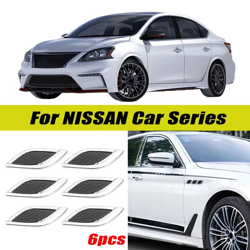 6Pcs Chrome / Black 3D Car Side Fender Air Vent Hood Scoop Outlet Cover Decorative Trim For Nissan Car Series